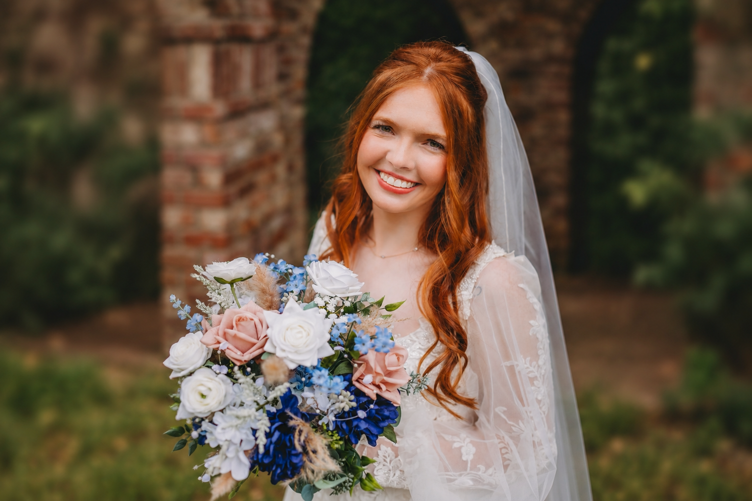 Bride photographed beside the Castle at Blue Spring Estate